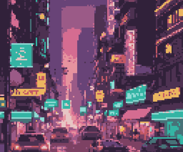 A stylized cyberpunk cityscape, neon signs flashing, flying cars and holographic billboards, bustling with life in a futuristic urban environment