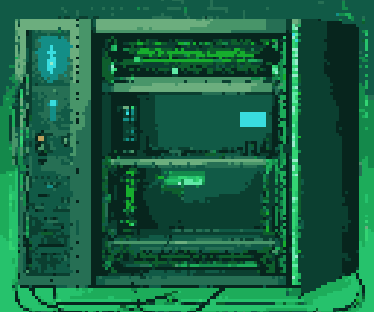 Minimalist studio portrait of a network server with blue and green LEDs illuminating its various components.