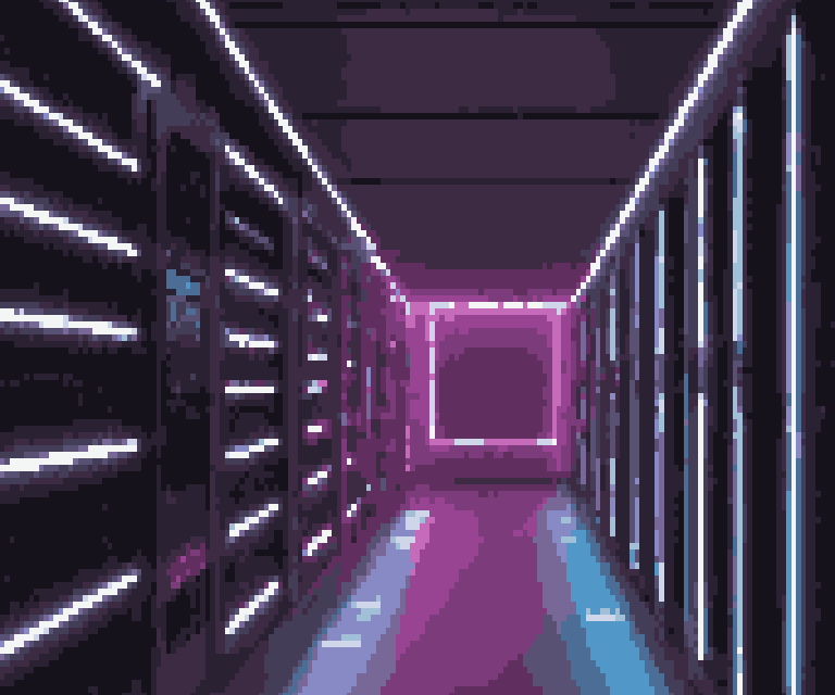 A lone server rack in a futuristic data center with neon signs and glowing LEDs. The room is dimly lit