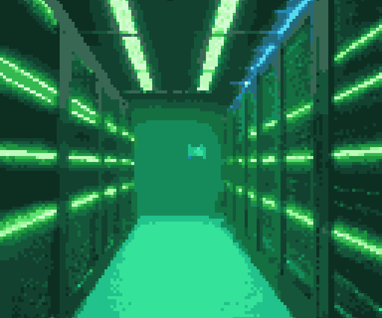 An open data center with server racks illuminating the space in vibrant hues of blue and green.  A lone worker is at the edge of an observation deck overlooking the server room.